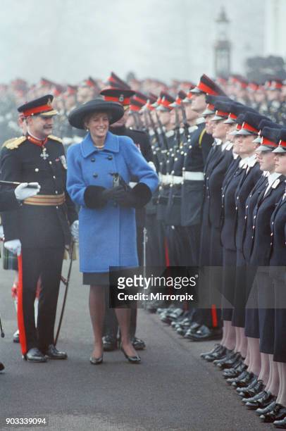 The Princess of Wales, Princess Diana, at The Royal Military Academy, Sandhurst, Surrey. The Princess is wearing a Philip Somerville hat and blue...