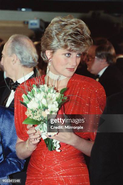 The Princess of Wales, Princess Diana, attends the Odeon Leicester Square premiere of the film Hot Shots, starring Charlie Sheen. The Princess...