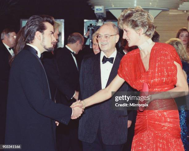 The Princess of Wales, Princess Diana, attends the Odeon Leicester Square premiere of the film Hot Shots, starring Charlie Sheen. The Princess...