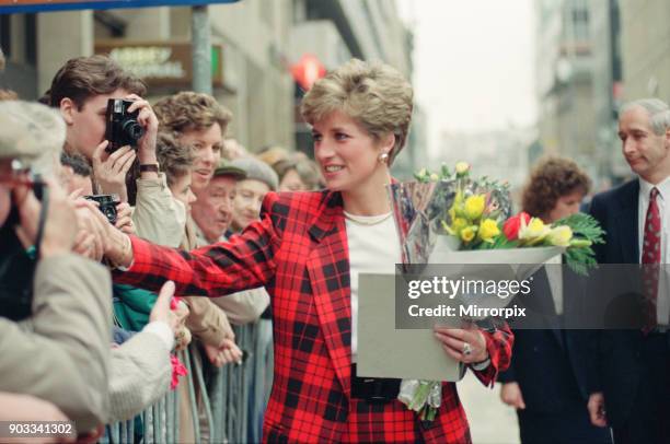 The Princess of Wales, Princess Diana, dressed in tartan, on a walkabout in Manchester where she visited the Manchester Art Gallery in Moseley...