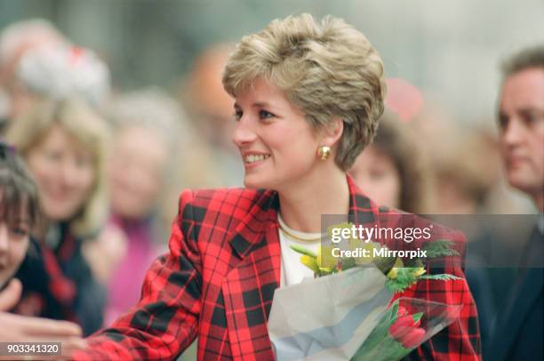 The Princess of Wales, Princess Diana, dressed in tartan, on a walkabout in Manchester where she visited the Manchester Art Gallery in Moseley...