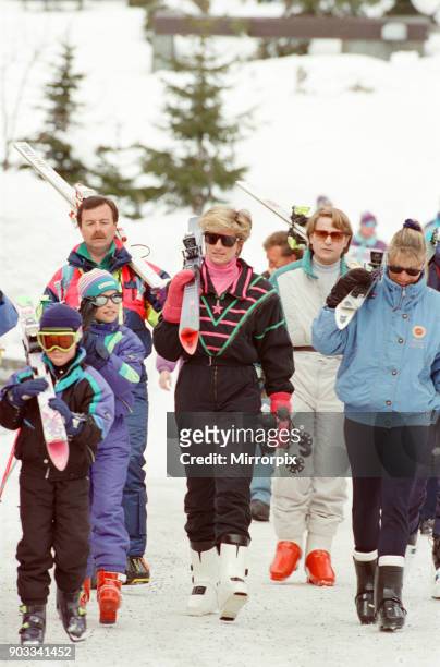 The Princess of Wales, Princess Diana, enjoys a ski holiday in Lech, Austria. Prince William and Prince Harry join her for the trip, and are pictured...