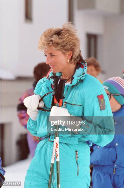 The Princess of Wales, Princess Diana, enjoys a ski holiday in Lech, Austria. Prince William and Prince Harry join her for the trip. Picture taken...