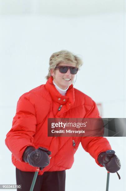 The Princess of Wales, Princess Diana, enjoys a ski holiday in Lech, Austria. Prince William and Prince Harry join her for the trip. Picture taken...