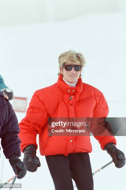 The Princess of Wales, Princess Diana, enjoys a ski holiday in Lech, Austria. Prince William and Prince Harry join her for the trip. Picture taken...