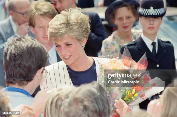 The Princess of Wales, Princess Diana, on a walkabout in Sheffield and Rotherham. Picture possibly taken at Sheffield's Harris Birthright Research...