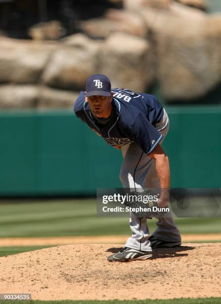 Grant Balfour of the Tampa Bay Rays pitches against the Los Angeles Angels of Anaheim on August 12, 2009 at Angel Stadium in Anaheim, California. The...