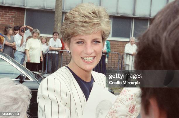 The Princess of Wales, Princess Diana, on a walkabout in Sheffield and Rotherham. Picture possibly taken at Sheffield's Harris Birthright Research...