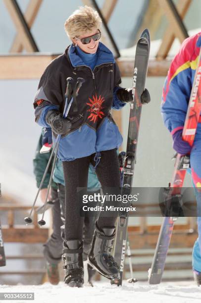 The Princess of Wales, Princess Diana, on he ski holiday to Lech, Austria. The Princess enjoyed her skiing holiday with her sons Prince William and...