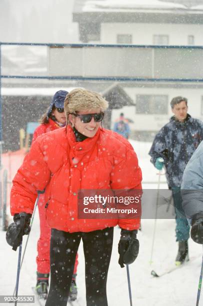 The Princess of Wales, Princess Diana, on he ski holiday to Lech, Austria. The Princess enjoyed her skiing holiday with her sons Prince William and...