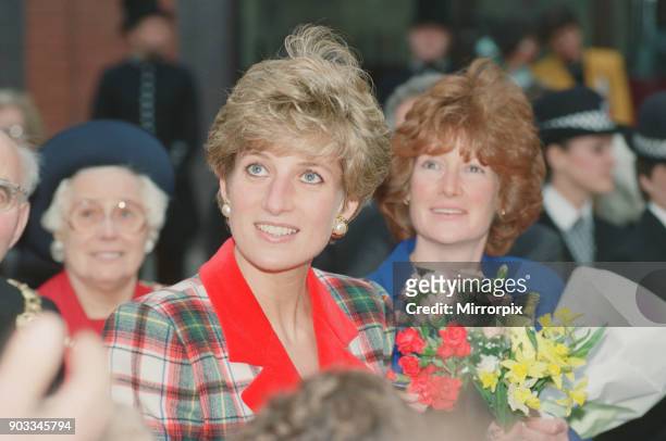 The Princess of Wales, Princess Diana, visits Didsbury and Wigan in the North West of England. Pictured behind her in blue is her sister Lady Sarah...