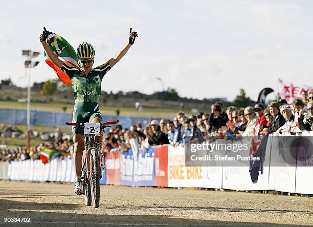 Burry Stander of South Africa celebrates his win in the Mens U23 Cross Country Olympic during the 2009 Mountain Bike & World Trials World...
