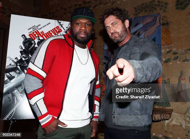 Curtis "50 Cent" Jackson and Gerard Butler attends "Den Of Thieves" Private Screening at the Whitby Hotel on January 9, 2018 in New York City.