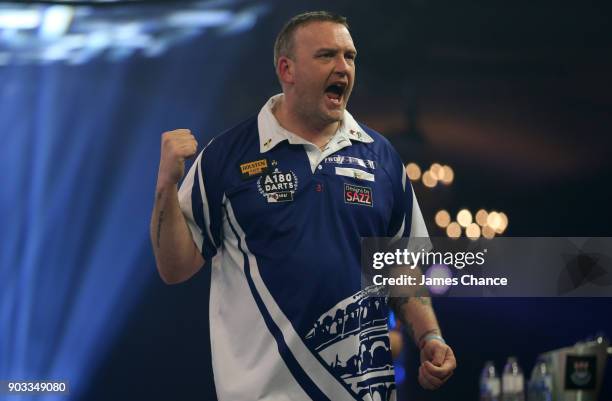 Mark McGeeney of England celebrates during Day Four of the BDO World Darts Championship at Lakeside Shopping Centre on January 10, 2018 in Thurrock,...