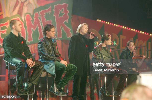 The Smash Hits Poll Winners Party, 1996 hosted by Ant and Dec, and Lily Savage. Picture taken 1st December 1996 Picture shows the group Boyzone Left...