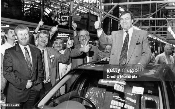 Thumbs up from shadow transport minister John Prescott as he meets workers during his visit to Vauxhall's Ellesmere Port plant. Picture taken 7th...