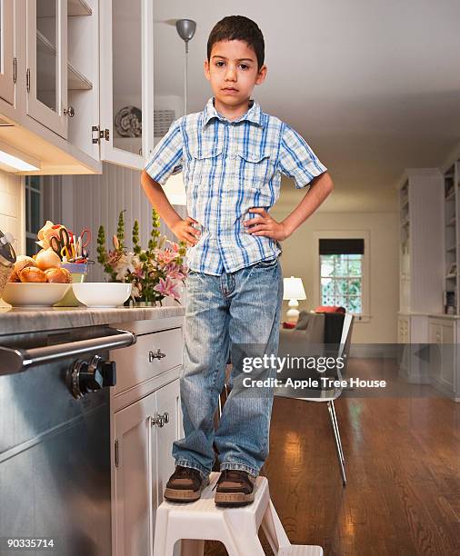 boy standing on step stool in kitchen - step stool imagens e fotografias de stock