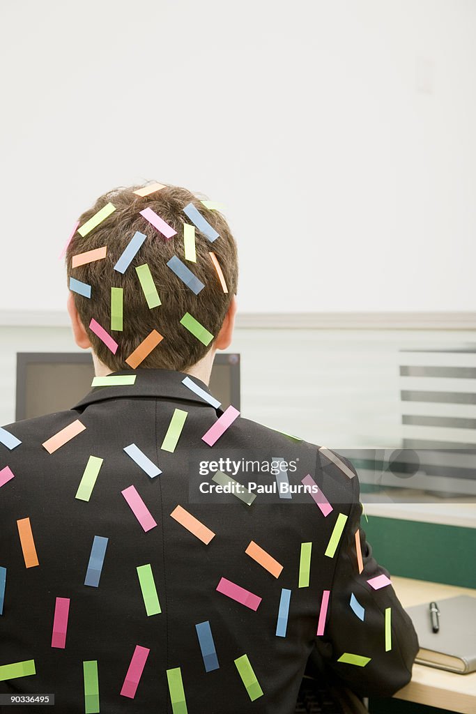 Man in Office at Desk Covered in Sticky Tabs