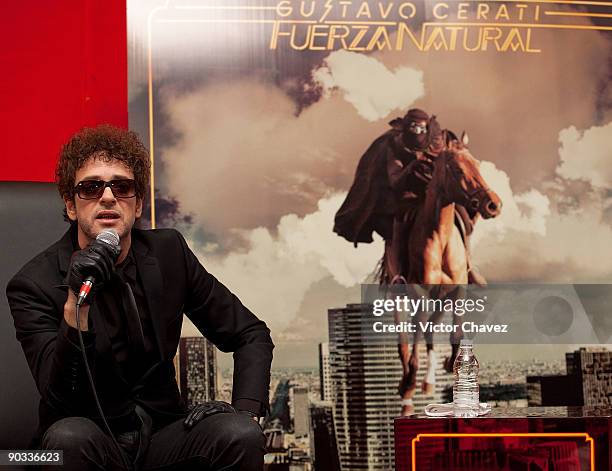 Singer Gustavo Cerati speaks during a press conference for the launch of his new album "Fuerza Natural" at Hotel Presidente Intercontinental on...