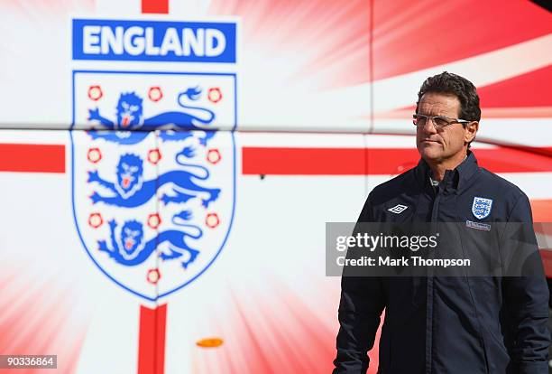 England manager Fabio Capello arrives at the England team training session at London Colney on September 4, 2009 in St Albans, England.