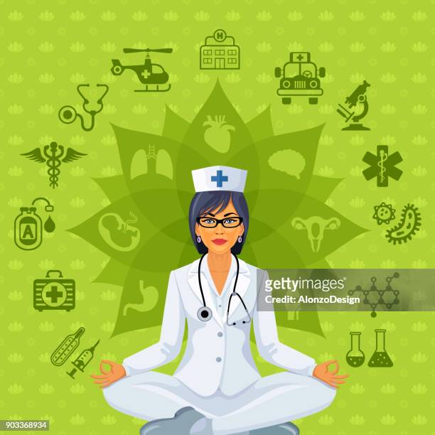 young female doctor meditating - balancing act cartoon stock illustrations