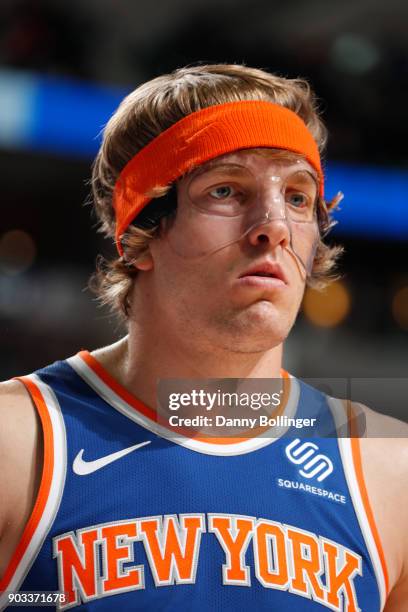 Close up shot of Ron Baker of the New York Knicks during the game against the Dallas Mavericks on January 7, 2018 at the American Airlines Center in...