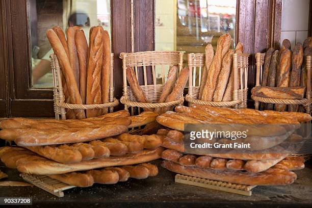 french bread display - bakery display stock-fotos und bilder