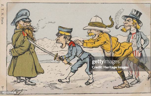 Japanese soldier challenging Russian soldier, urged on by an Englishman and Uncle Sam. Found in the Collection of Russian State Library, Moscow.