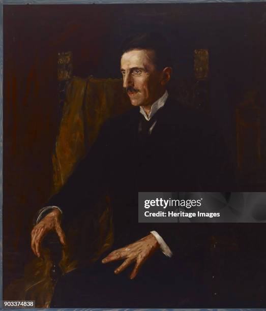 Portrait of Serbian-American inventor and engineer Nikola Tesla by Hungarian princess Vilma Lwoff-Parlaghy, 1916. The painting is known as the 'blue...