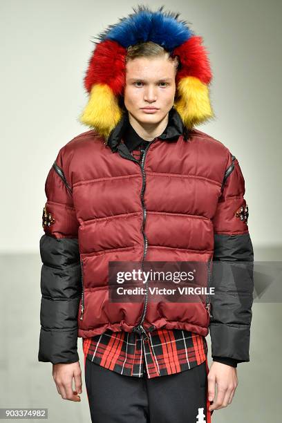 Model walks the runway at the Bobby Abley show during London Fashion Week Men's January 2018 at BFC Show Space on January 8, 2018 in London, England.