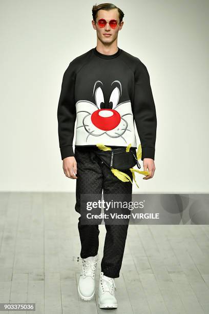 Model walks the runway at the Bobby Abley show during London Fashion Week Men's January 2018 at BFC Show Space on January 8, 2018 in London, England.