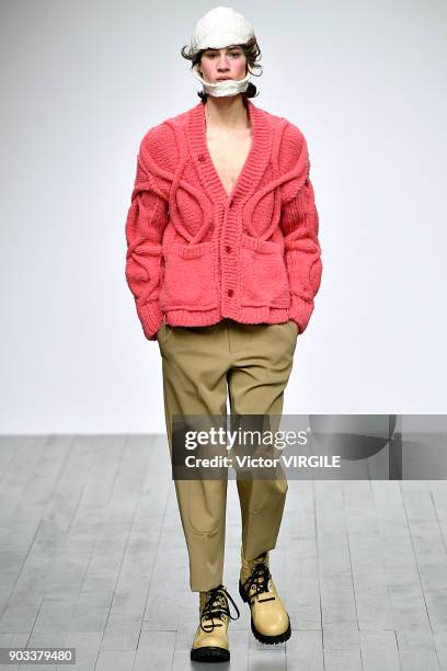 Model walks the runway at the PRONOUNCE Presented By GQ CHINA show during London Fashion Week Men's January 2018 at BFC Show Space on January 8, 2018...