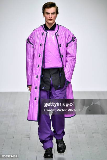 Model walks the runway at the PRONOUNCE Presented By GQ CHINA show during London Fashion Week Men's January 2018 at BFC Show Space on January 8, 2018...