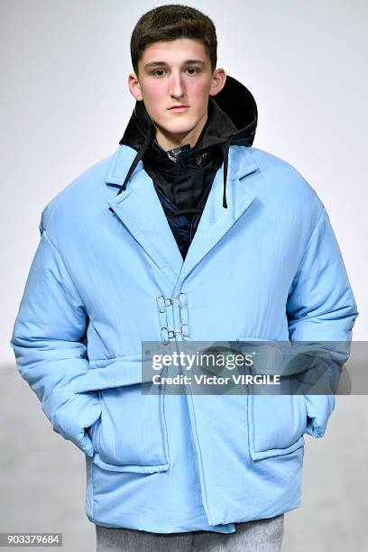 Model walks the runway at the PRONOUNCE Presented By GQ CHINA show during London Fashion Week Men's January 2018 at BFC Show Space on January 8, 2018...