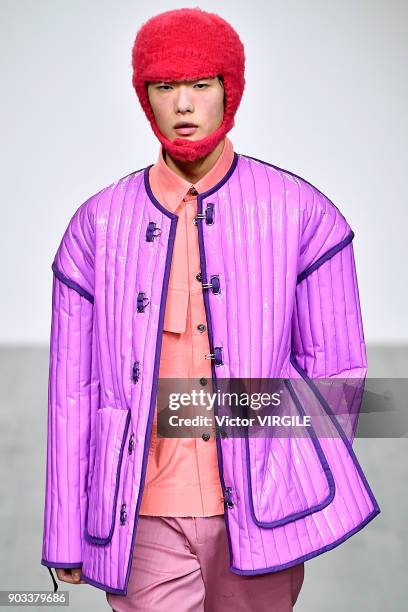 Model walks the runway at the PRONOUNCE Presented By GQ CHINA show during London Fashion Week Men's January 2018 at BFC Show Space on January 8, 2018...