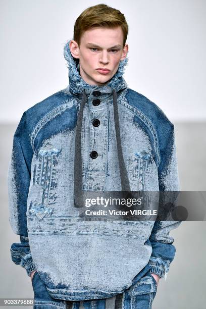 Model walks the runway at the PRONOUNCE Presented By GQ CHINA show during London Fashion Week Men's January 2018 at BFC Show Space on January 8, 2018...