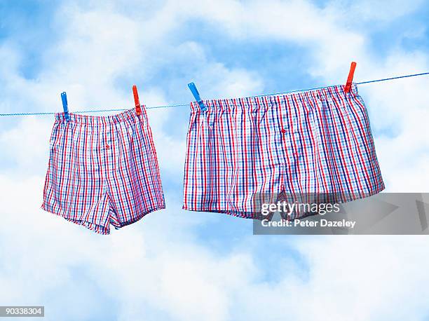 small and obese boxer shorts on washing line. - boxershorts stock-fotos und bilder