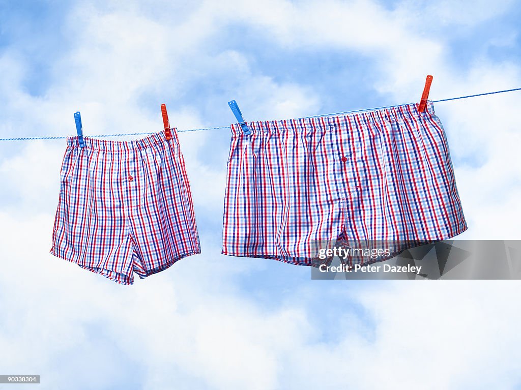 Small and obese boxer shorts on washing line.