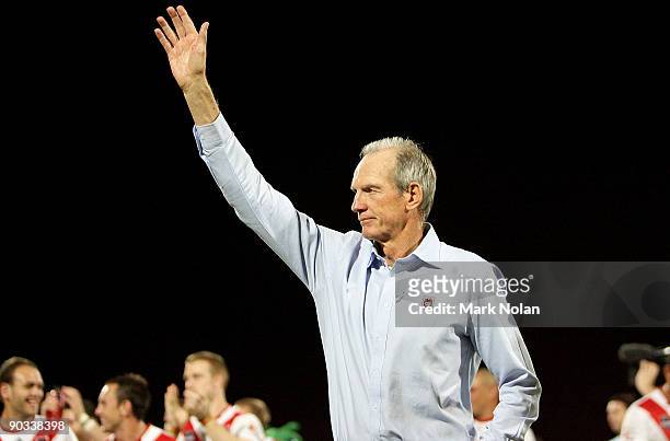 Dragons coach Wayne Bennett acknowledges the crowd after the round 26 NRL match between the St George Illawarra Dragons and the Parramatta Eels at...
