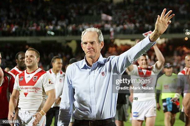 Dragons coach Wayne Bennett acknowledges the crowd after the round 26 NRL match between the St George Illawarra Dragons and the Parramatta Eels at...