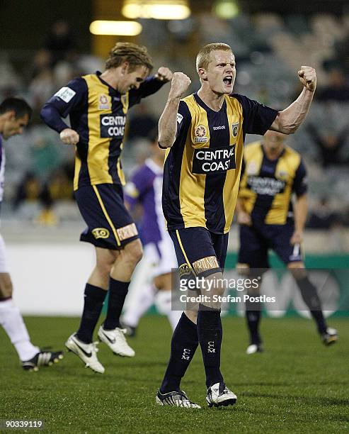 Matthew Simon of the Mariners celebrates after winning the round five A-League match between the Central Coast Mariners ans the Perth Glory at...