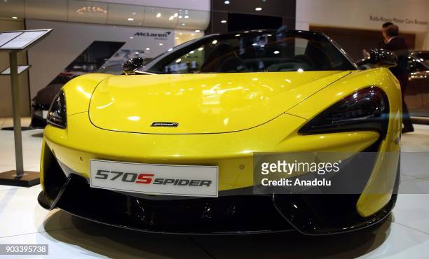 Mclaren 570S Spider is being displayed during the 96th Brussels Motor Show at Brussels Expo Center in Brussels, Belgium on January 10, 2018.
