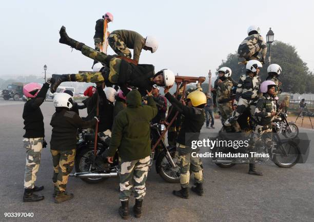 Nirbhaya BSF Women Bikers of Team Janbaaz on their first day of rehearsal at Vijay Chowk on January 9, 2018 in New Delhi, India. This is the first...
