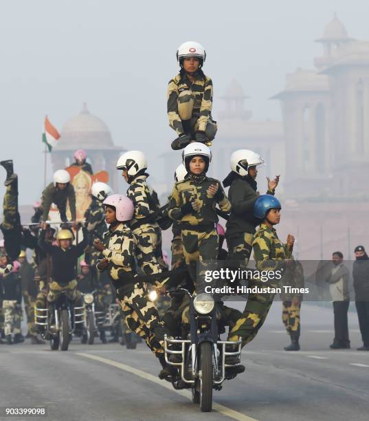 Nirbhaya BSF Women Bikers of Team Janbaaz on their first day of rehearsal at Vijay Chowk on January 9, 2018 in New Delhi, India. This is the first...