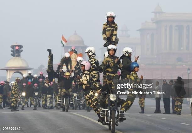 Nirbhaya BSF Women Bikers of Team Janbaaz on their first day of rehearsal at Vijay Chowk on January 9, 2018 in New Delhi, India. This is the first...