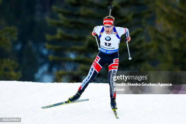 Simon Eder of Austria in action during the IBU Biathlon World Cup Men's Individual on January 10, 2018 in Ruhpolding, Germany.