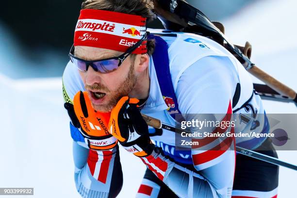 Simon Eder of Austria in action during the IBU Biathlon World Cup Men's Individual on January 10, 2018 in Ruhpolding, Germany.