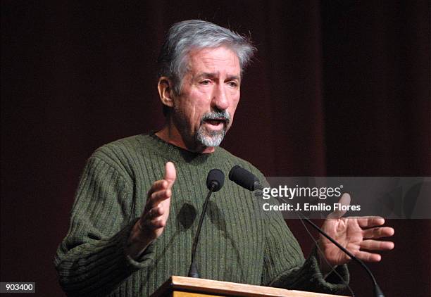 Former U.S. Senator Tom Hayden speaks at a political conference called, "Our democracy after 9/11: can we save it?" February 17, 2002 in Los Angeles,...