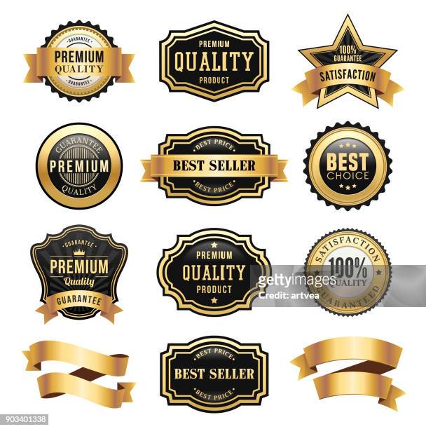 gold badges and ribbons set - awards party 2017 stock illustrations