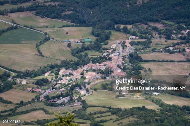 overhead view of bugarach, france. seen from atop bugarach mountain - bugarach stock-fotos und bilder